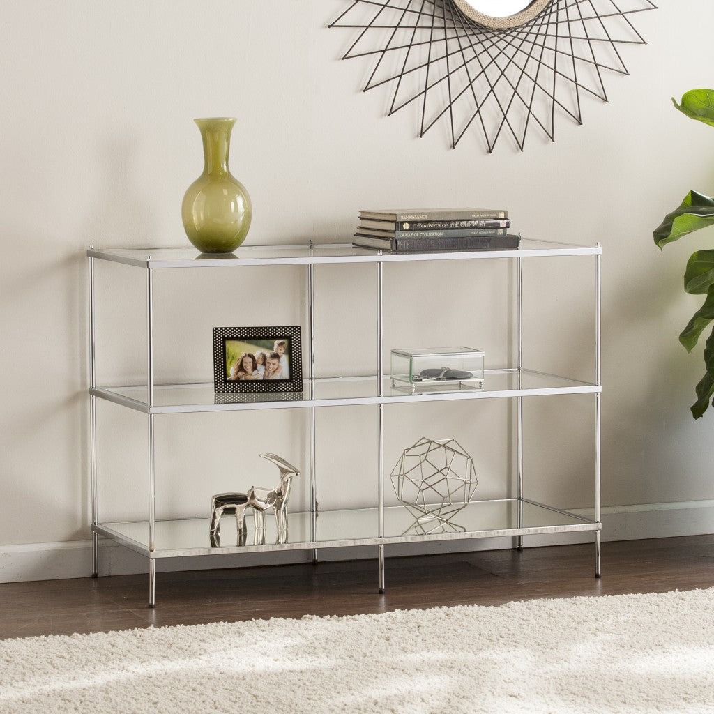 42" Clear and Silver Glass Mirrored Floor Shelf Console Table With Storage By Homeroots | Console Tables | Modishstore - 7