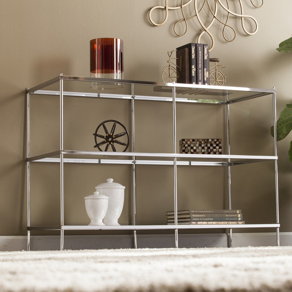 42" Clear and Silver Glass Mirrored Floor Shelf Console Table With Storage By Homeroots | Console Tables | Modishstore - 8