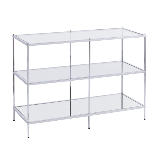 42" Clear and Silver Glass Mirrored Floor Shelf Console Table With Storage By Homeroots | Console Tables | Modishstore