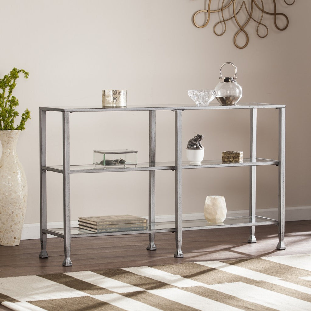 49" Clear and Silver Glass Distressed Floor Shelf Console Table With Storage By Homeroots | Console Tables | Modishstore - 7