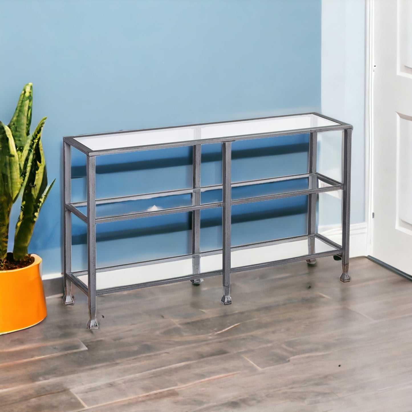 49" Clear and Silver Glass Distressed Floor Shelf Console Table With Storage By Homeroots