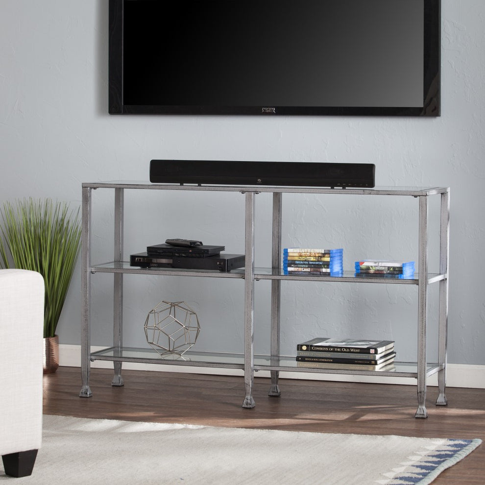 49" Clear and Silver Glass Distressed Floor Shelf Console Table With Storage By Homeroots | Console Tables | Modishstore - 8