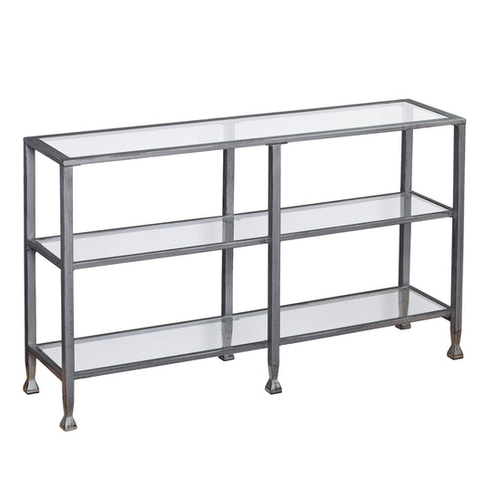49" Clear and Silver Glass Distressed Floor Shelf Console Table With Storage By Homeroots | Console Tables | Modishstore