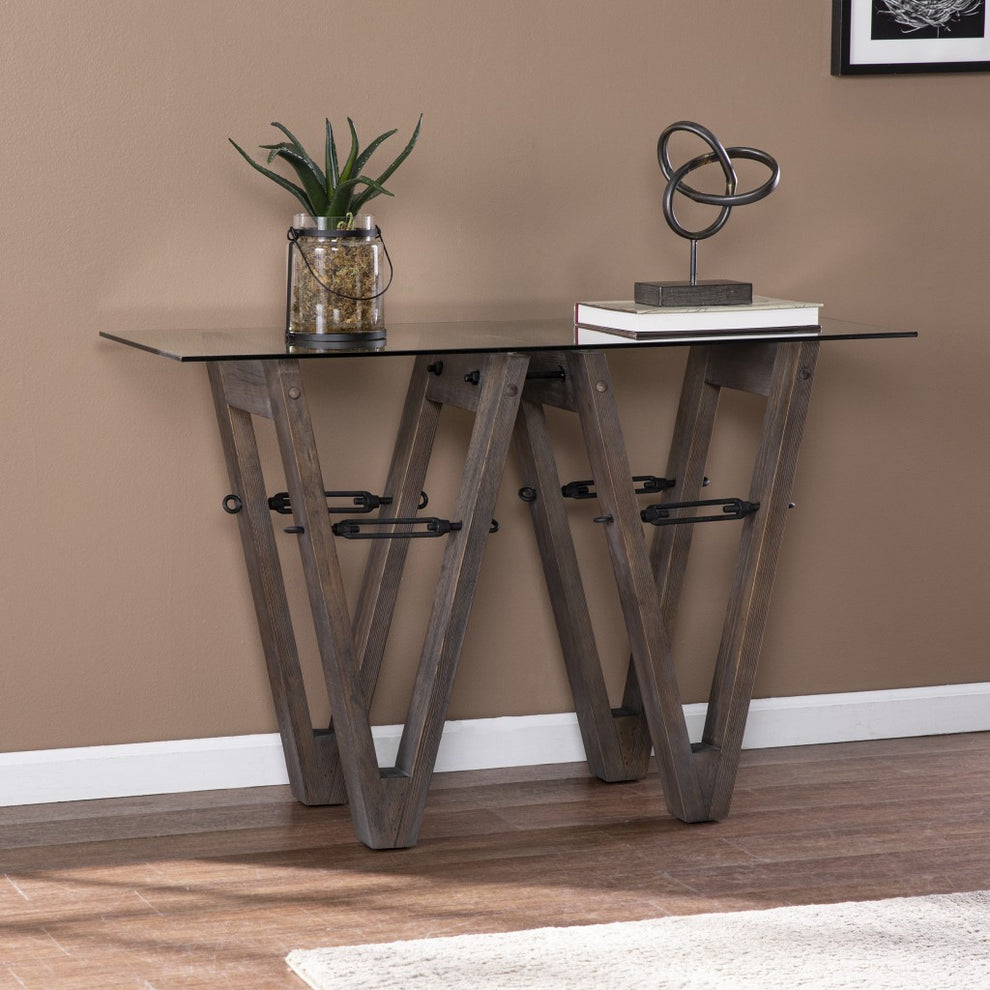 46" Clear and Gray Brown Glass Abstract Console Table By Homeroots | Console Tables | Modishstore - 5