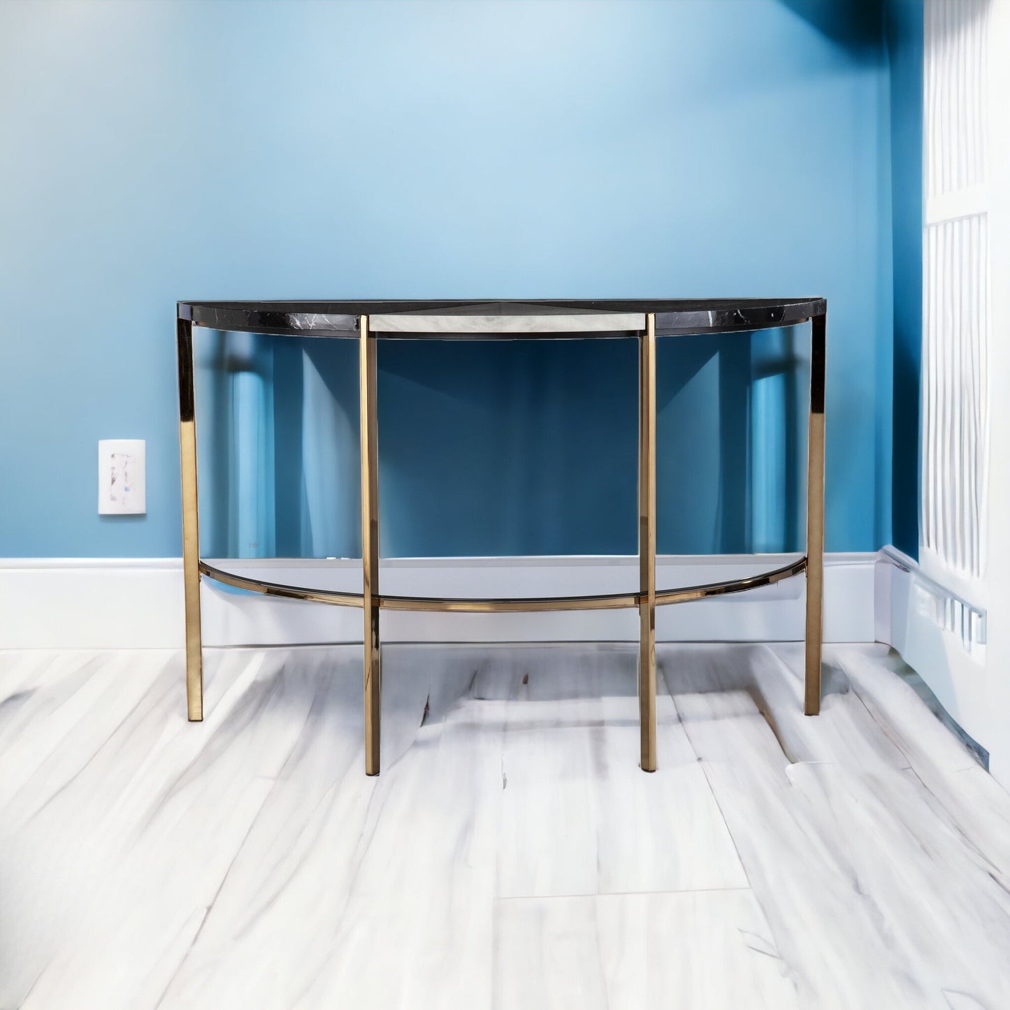 44" Black and White and Champagne Faux Marble Half Moon Console Table With Storage By Homeroots | Console Tables | Modishstore - 5