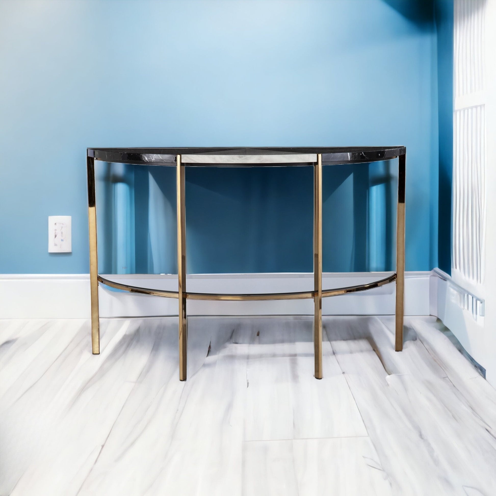 44" Black and White and Champagne Faux Marble Half Moon Console Table With Storage By Homeroots | Console Tables | Modishstore - 5