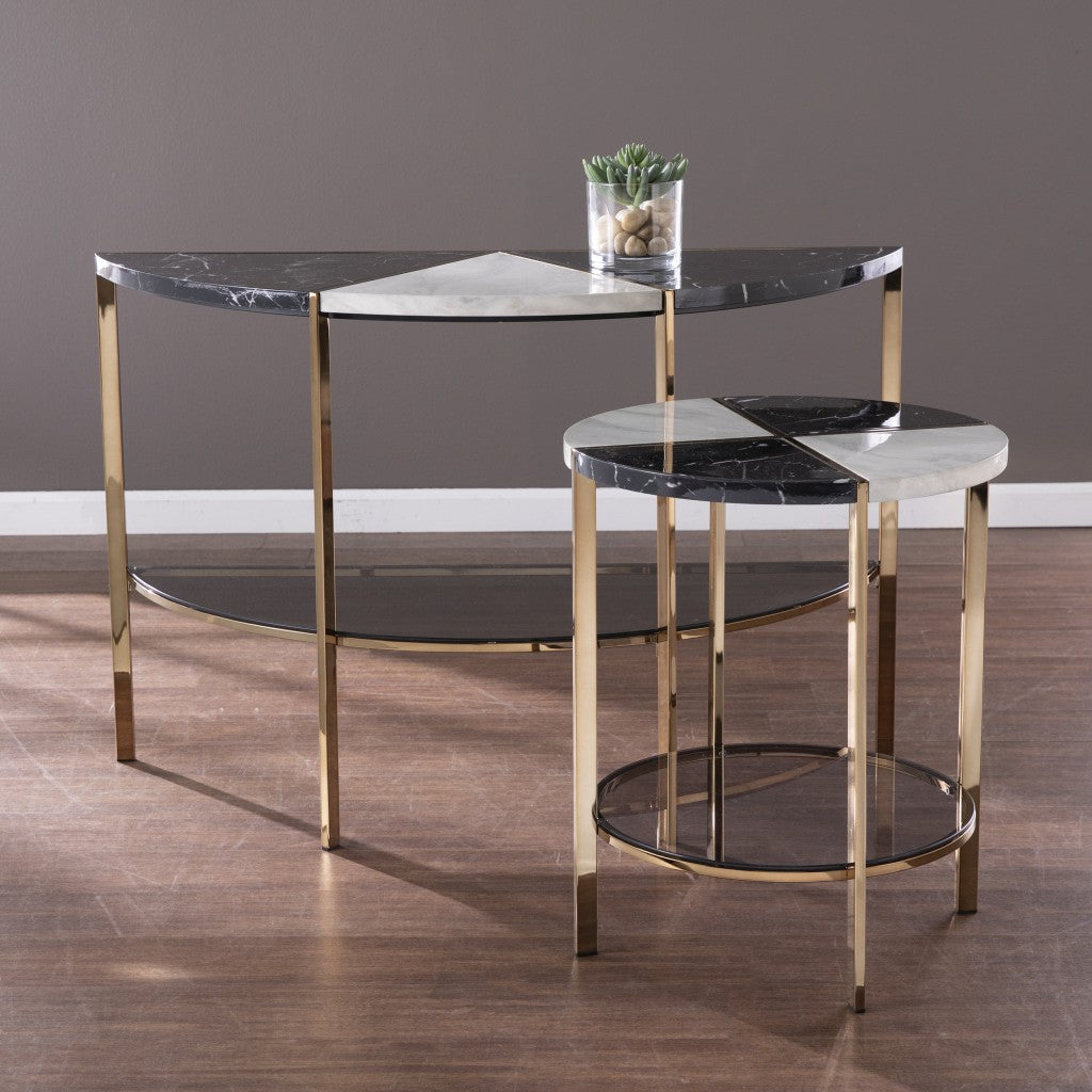 44" Black and White and Champagne Faux Marble Half Moon Console Table With Storage By Homeroots | Console Tables | Modishstore - 7