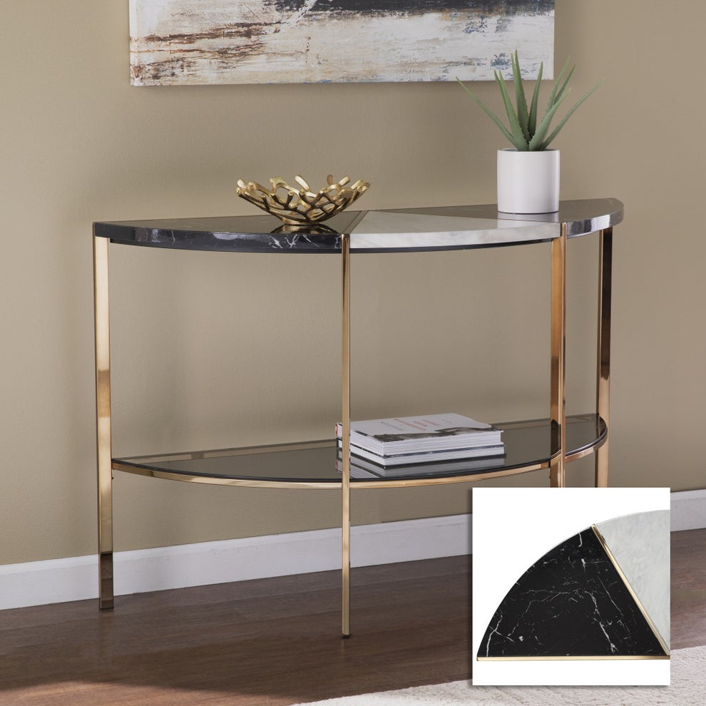 44" Black and White and Champagne Faux Marble Half Moon Console Table With Storage By Homeroots | Console Tables | Modishstore - 8