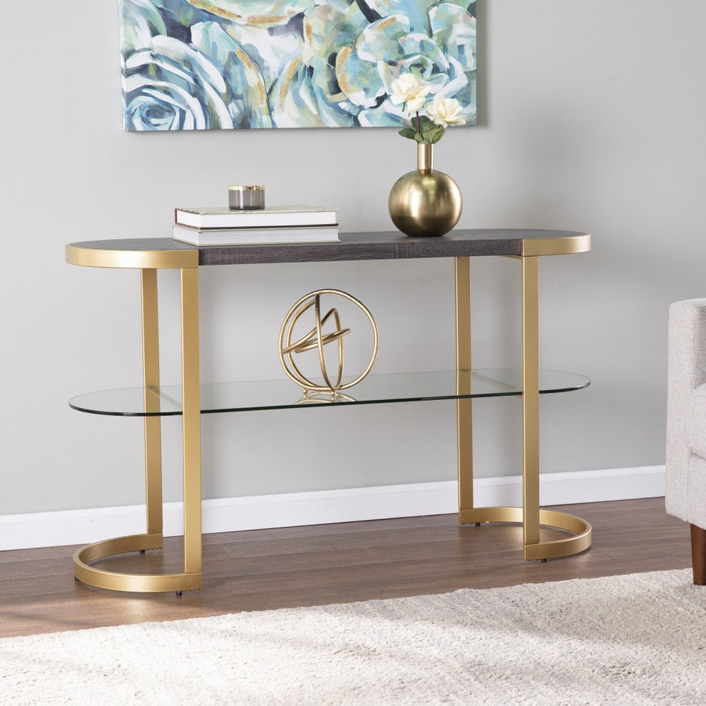 49" Gray and Gold Solid Wood Oval Sled Console Table With Storage By Homeroots | Console Tables | Modishstore - 5