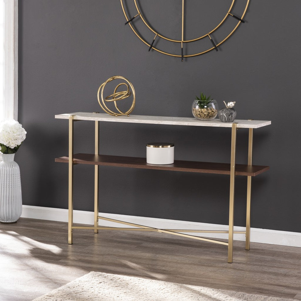 47" Beige and Gold Faux Marble Frame Console Table With Storage By Homeroots | Console Tables | Modishstore - 6