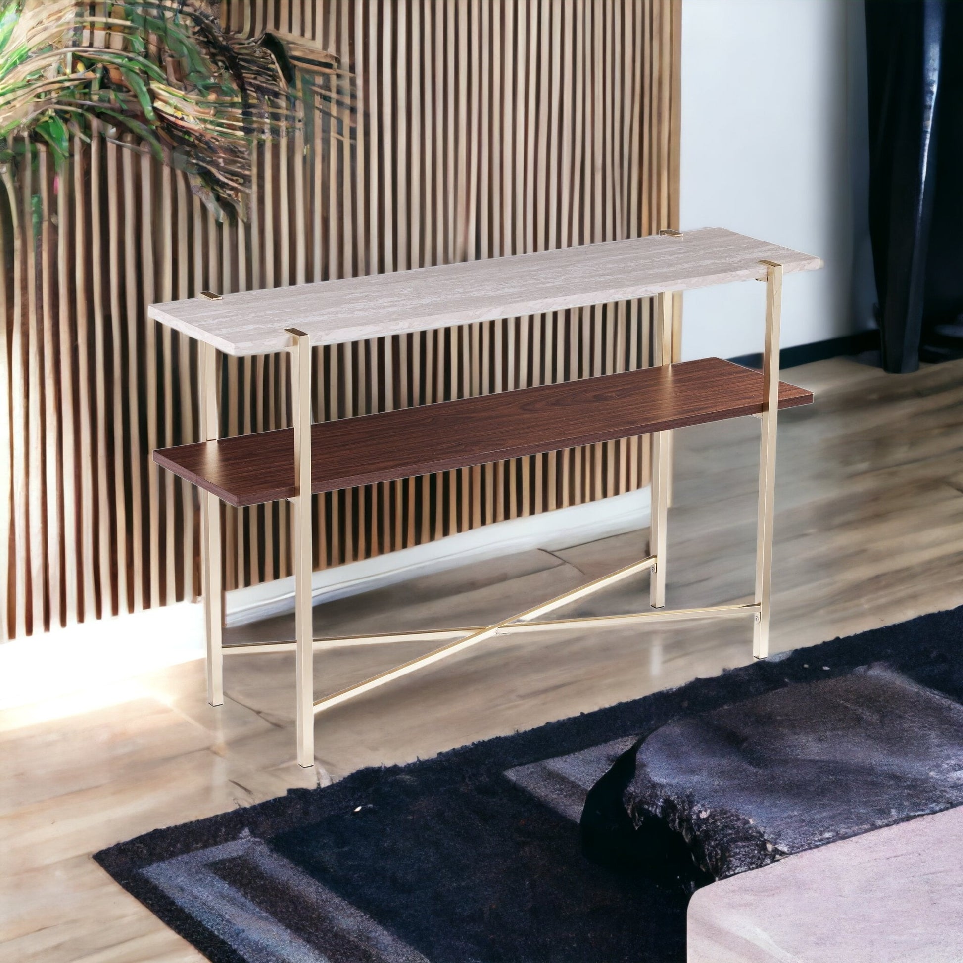 47" Beige and Gold Faux Marble Frame Console Table With Storage By Homeroots | Console Tables | Modishstore - 4