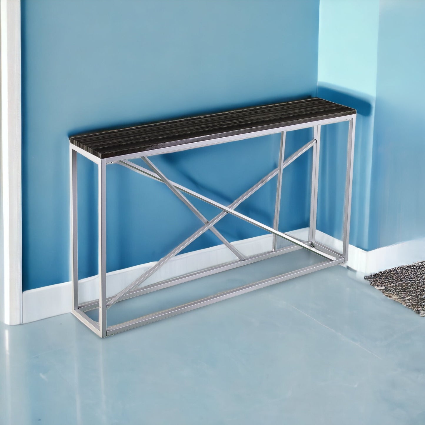 52" Black and Silver Faux Stone Frame Console Table By Homeroots