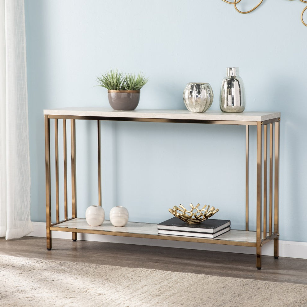 48" Champagne and Gold Faux Stone Floor Shelf Console Table With Storage By Homeroots | Console Tables | Modishstore - 7