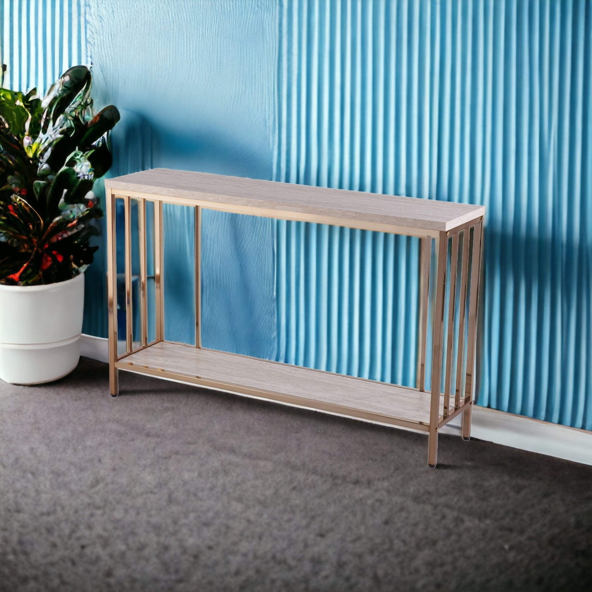 48" Champagne and Gold Faux Stone Floor Shelf Console Table With Storage By Homeroots | Console Tables | Modishstore - 5