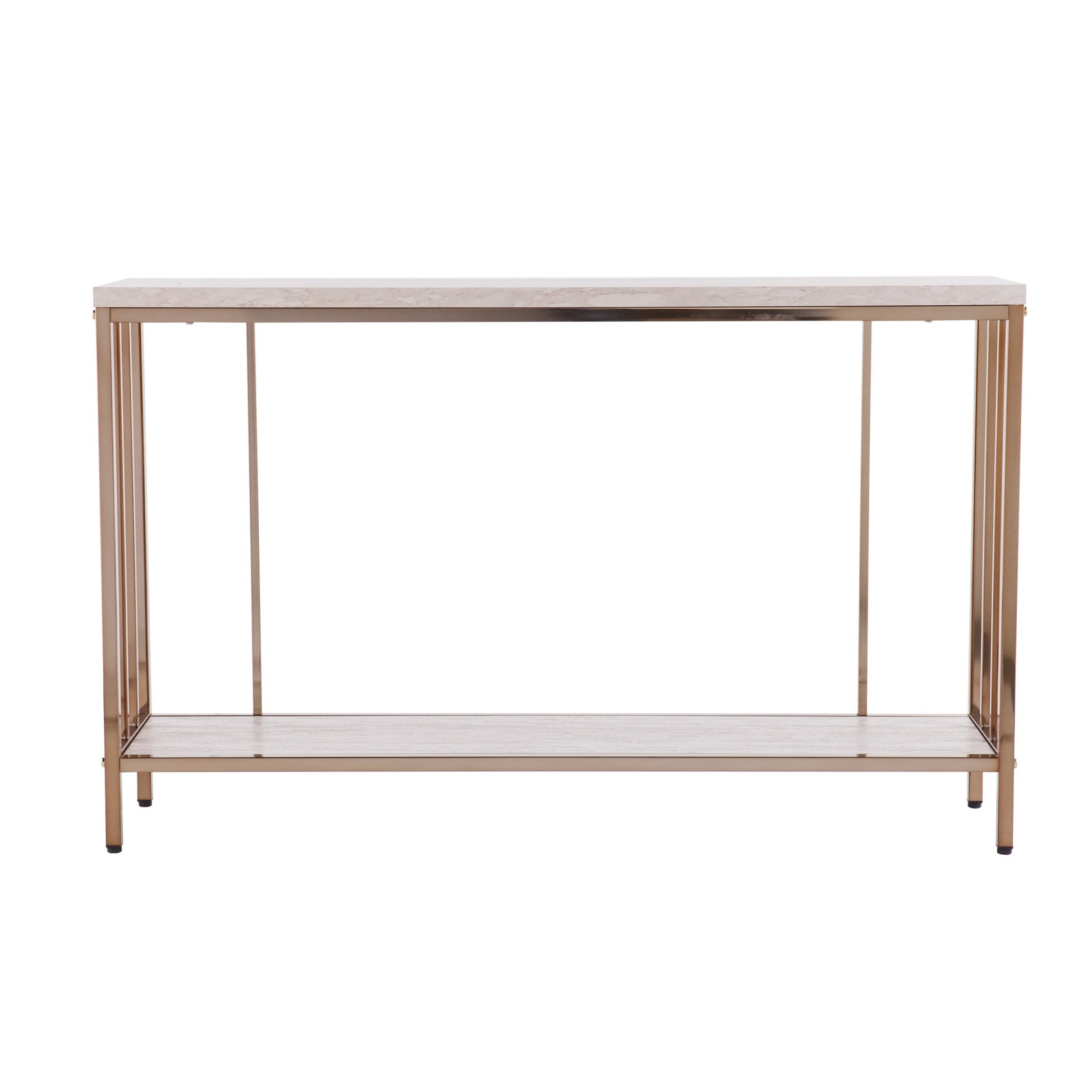 48" Champagne and Gold Faux Stone Floor Shelf Console Table With Storage By Homeroots | Console Tables | Modishstore