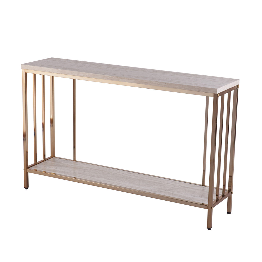 48" Champagne and Gold Faux Stone Floor Shelf Console Table With Storage By Homeroots | Console Tables | Modishstore - 2