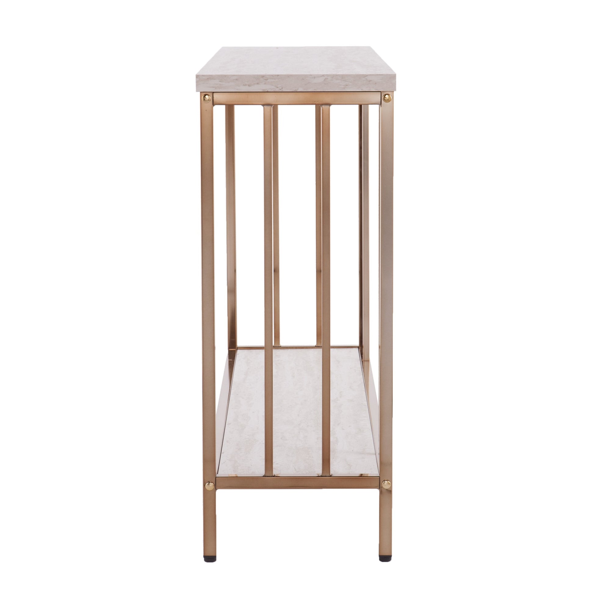 48" Champagne and Gold Faux Stone Floor Shelf Console Table With Storage By Homeroots | Console Tables | Modishstore - 3