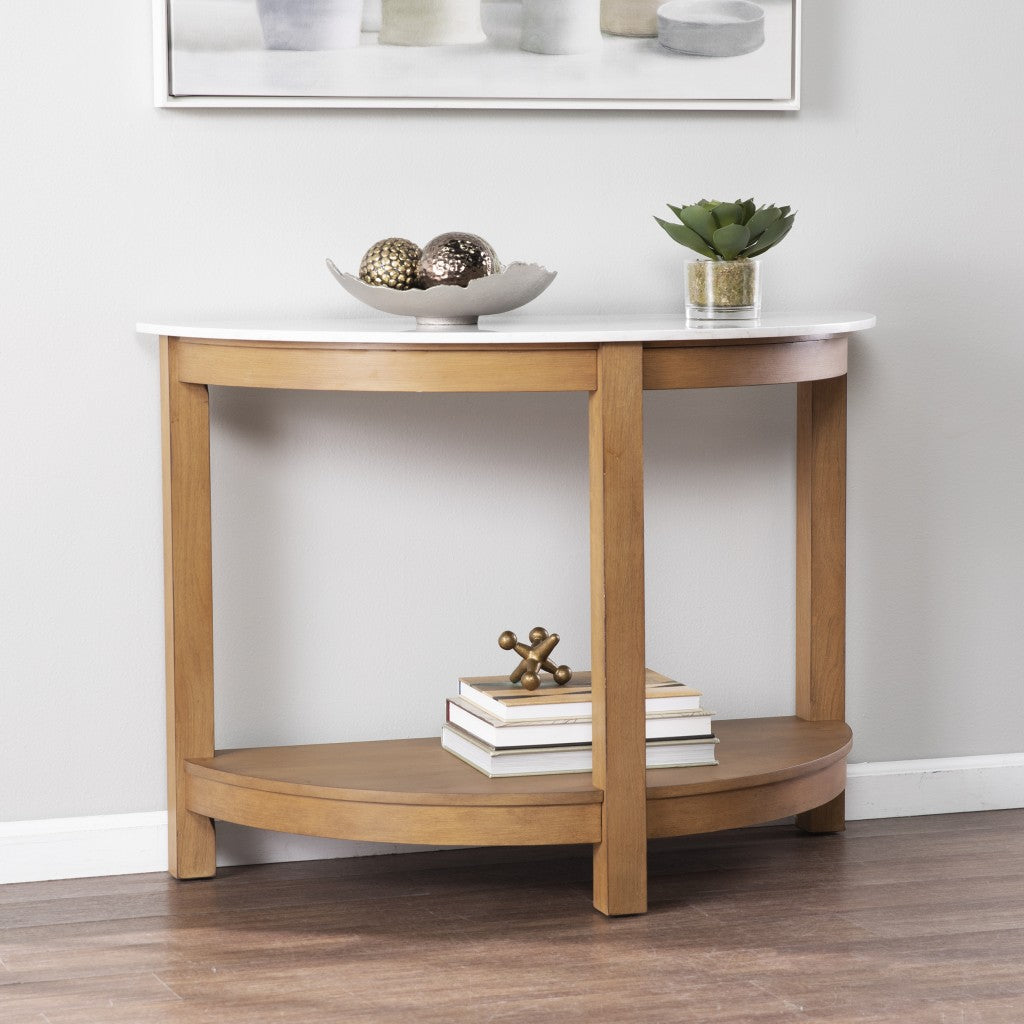 42" White and Natural Faux Marble Half Circle Three Leg Console Table With Storage By Homeroots
