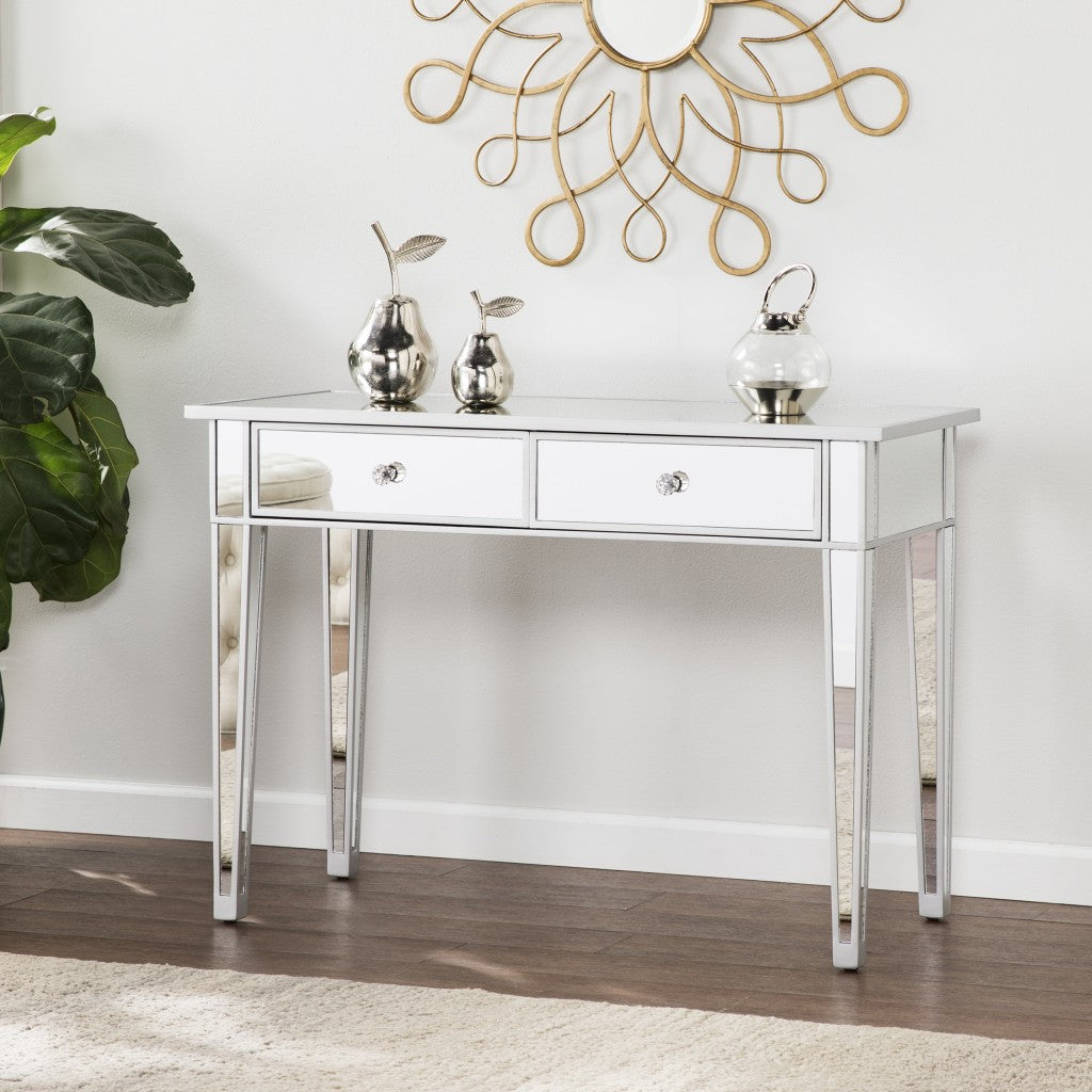 40" Silver Mirrored Glass Console Table With Storage By Homeroots