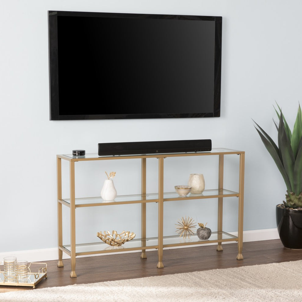 49" Clear and Gold Glass Floor Shelf Console Table With Storage By Homeroots | Console Tables | Modishstore - 7