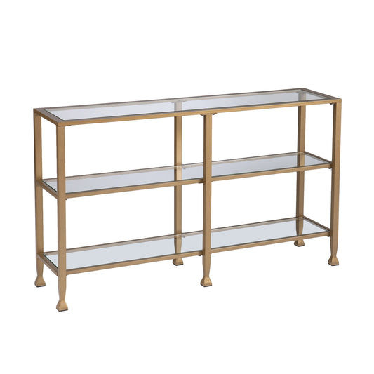 49" Clear and Gold Glass Floor Shelf Console Table With Storage By Homeroots | Console Tables | Modishstore