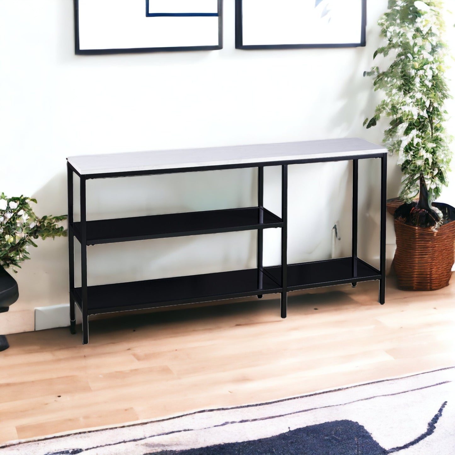 56" White and Black Faux Marble Floor Shelf Console Table With Storage By Homeroots