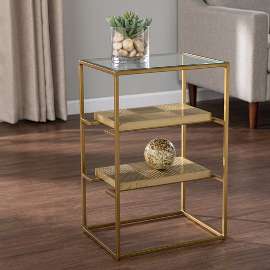 24" Brass Glass And Iron Rectangular End Table With Two Shelves By Homeroots | End Tables | Modishstore
