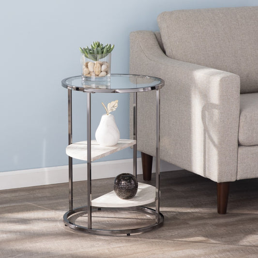 24" Black Metal Glass And Faux Marble Round End Table With Two Shelves By Homeroots | End Tables | Modishstore