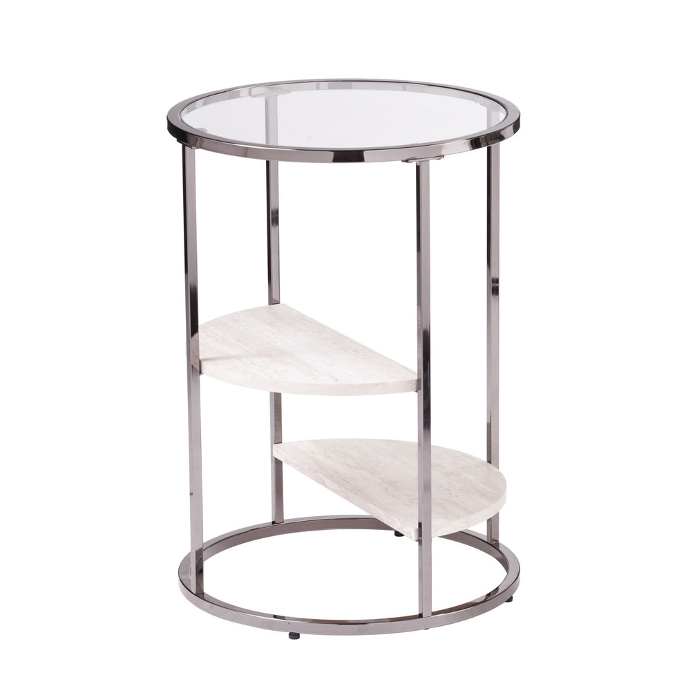 24" Black Metal Glass And Faux Marble Round End Table With Two Shelves By Homeroots | End Tables | Modishstore - 3