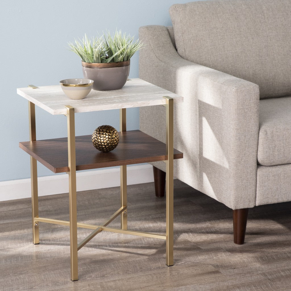 24" Brass Manufactured Wood And Iron Square End Table With Shelf By Homeroots | End Tables | Modishstore