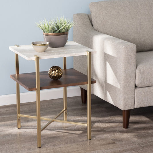 24" Brass Manufactured Wood And Iron Square End Table With Shelf By Homeroots | End Tables | Modishstore