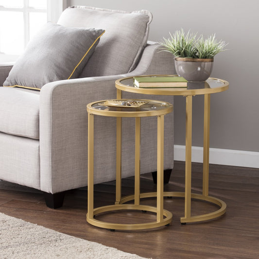 Set Of Two 23" Gold Glass And Steel Round Nested Tables By Homeroots | End Tables | Modishstore