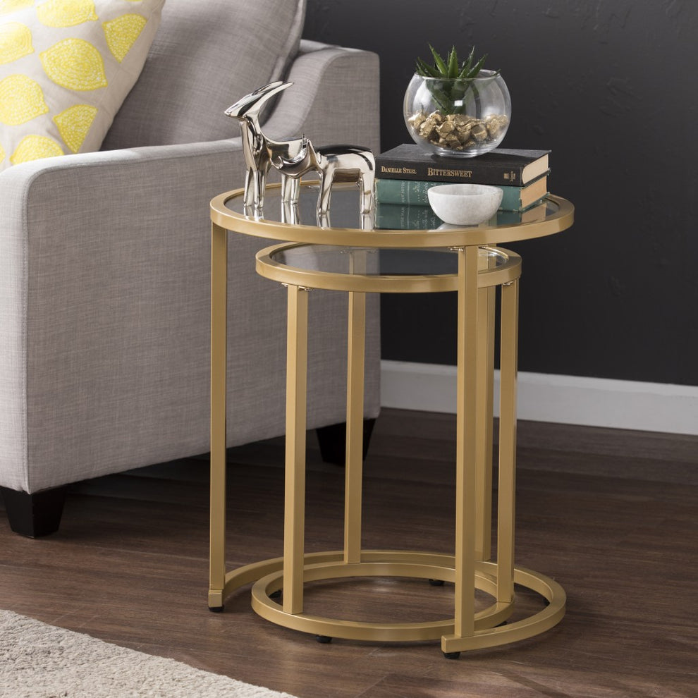 Set Of Two 23" Gold Glass And Steel Round Nested Tables By Homeroots | End Tables | Modishstore - 2