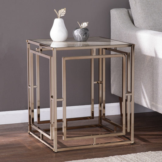 23" Champagne Glass And Iron Square End Table By Homeroots | End Tables | Modishstore