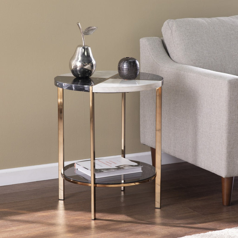 24" Black Manufactured Wood And Iron Round End Table With Two Shelves By Homeroots | End Tables | Modishstore