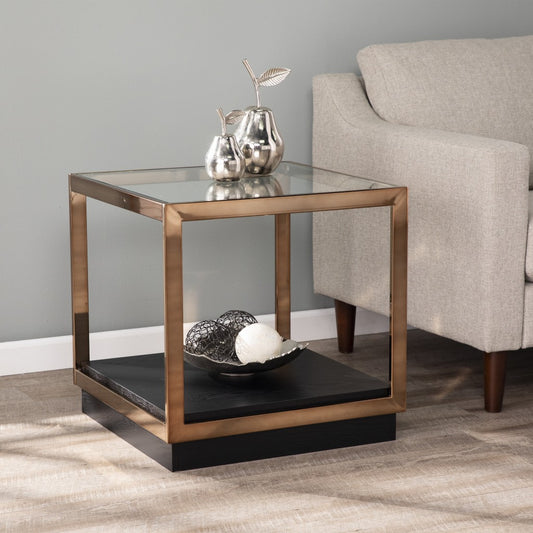 22" Champagne Glass And Iron Square End Table With Shelf By Homeroots | End Tables | Modishstore