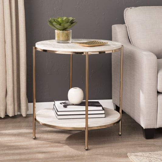 24" Champagne Faux Marble And Iron Round End Table With Shelf By Homeroots | End Tables | Modishstore