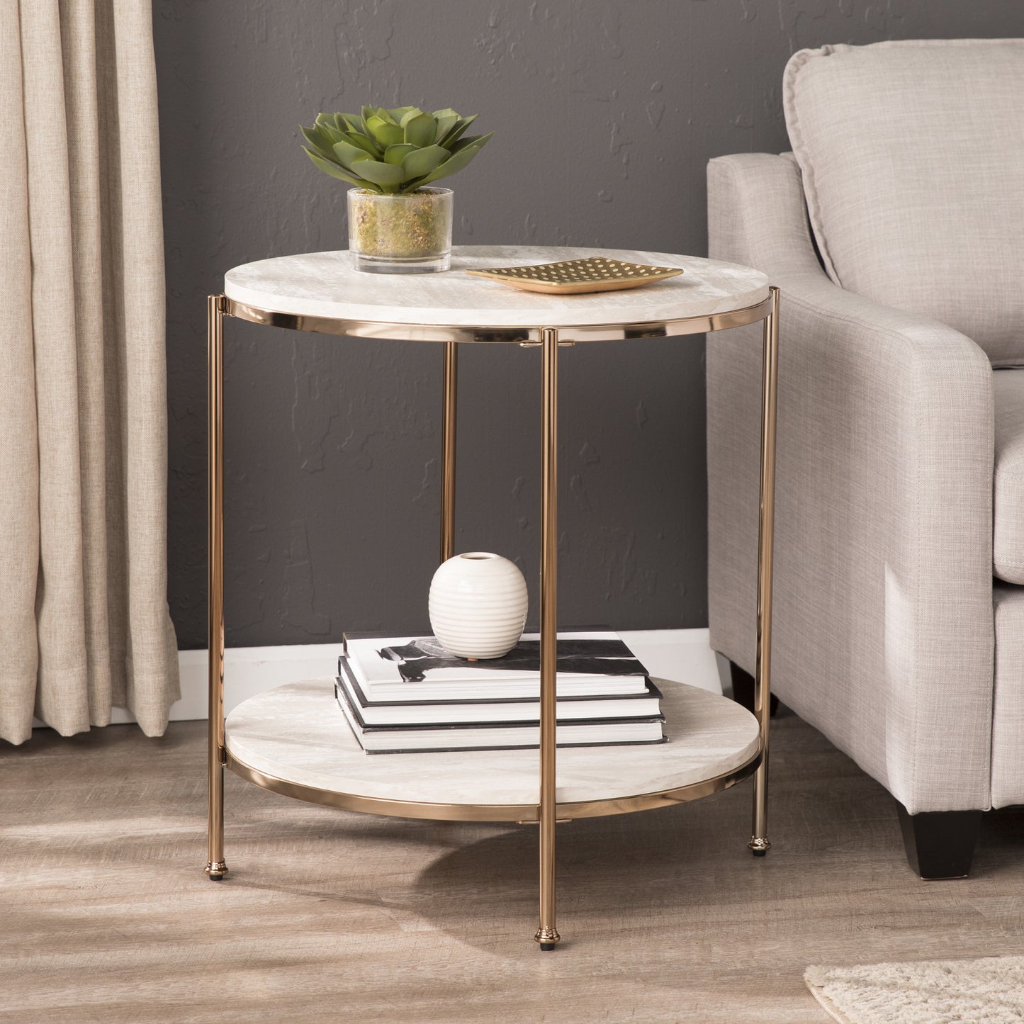 24" Champagne Faux Marble And Iron Round End Table With Shelf By Homeroots | End Tables | Modishstore - 4