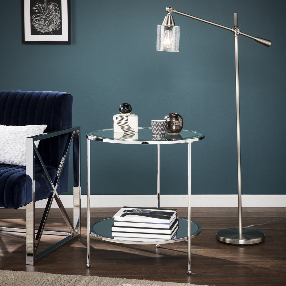 26" Chrome Glass And Iron Round Mirrored End Table With Shelf By Homeroots | End Tables | Modishstore - 4