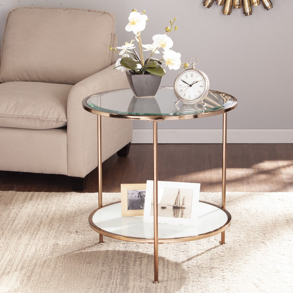 26" Gold Glass And Iron Round End Table With Shelf By Homeroots | End Tables | Modishstore - 5