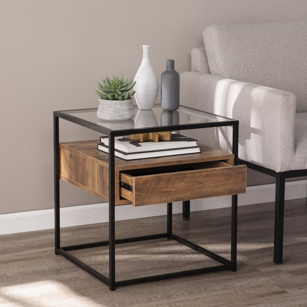 22" Black Glass And Iron Square End Table With Drawer With Shelf By Homeroots | End Tables | Modishstore - 2