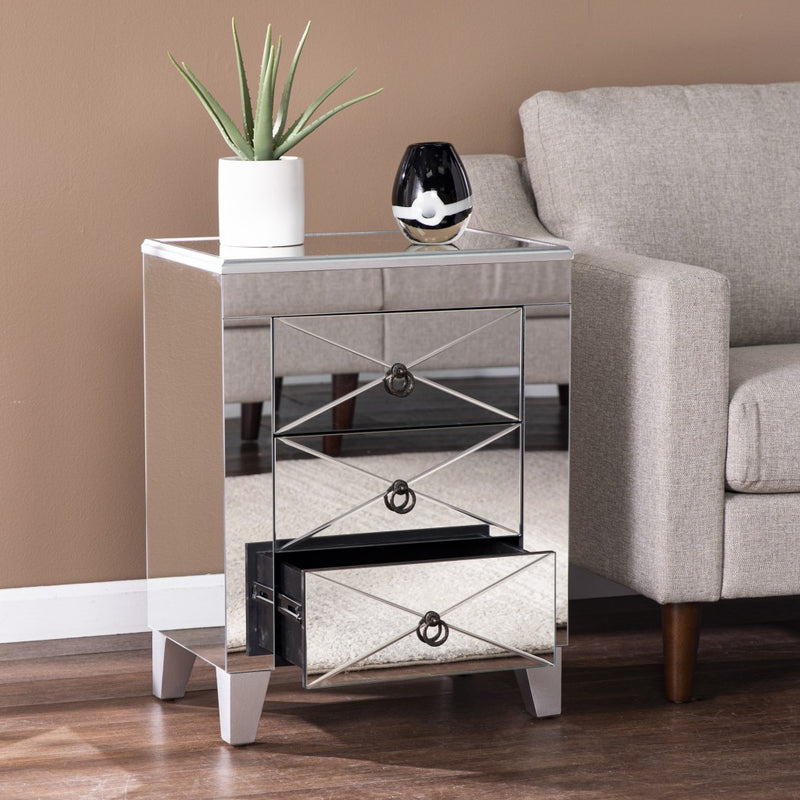 26" Silver Manufactured Wood And Iron Rectangular Mirrored End Table With Three Drawers And By Homeroots | End Tables | Modishstore