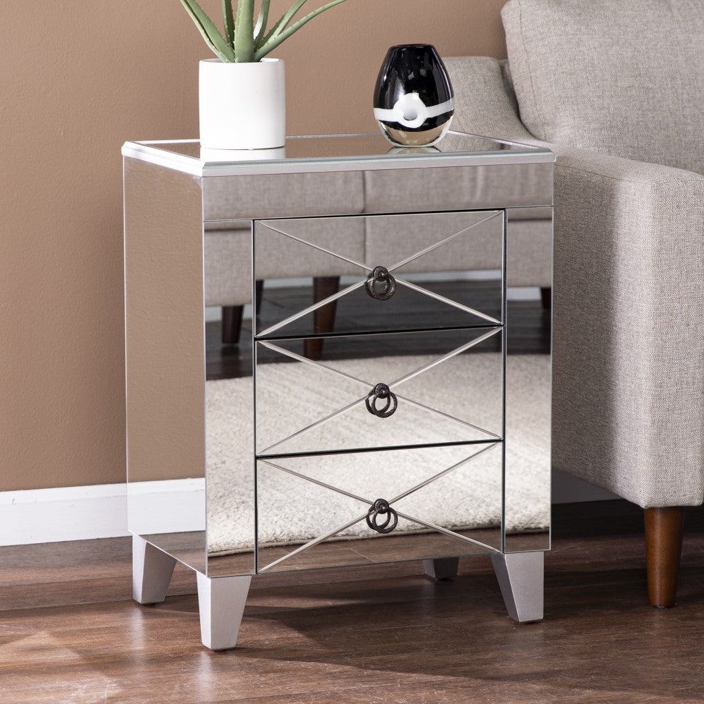26" Silver Manufactured Wood And Iron Rectangular Mirrored End Table With Three Drawers And By Homeroots | End Tables | Modishstore - 2