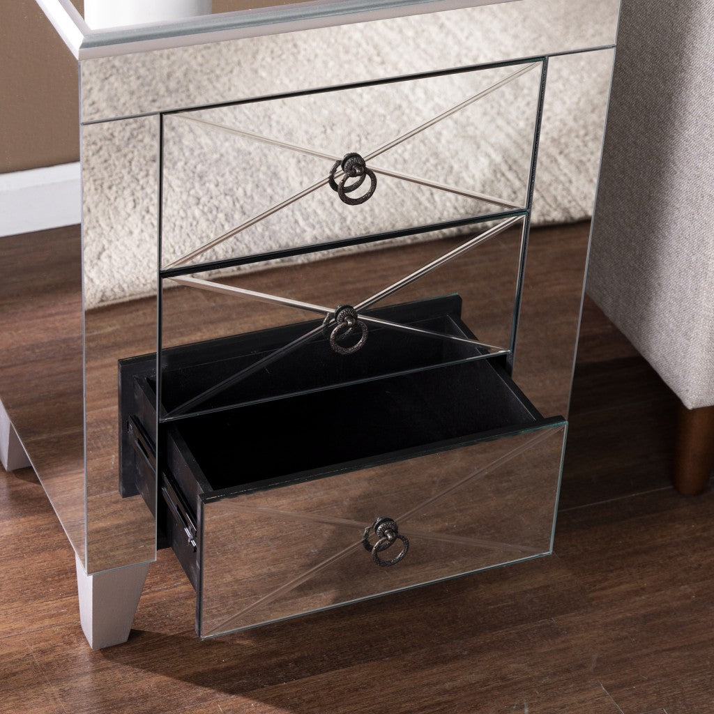 26" Silver Manufactured Wood And Iron Rectangular Mirrored End Table With Three Drawers And By Homeroots | End Tables | Modishstore - 7