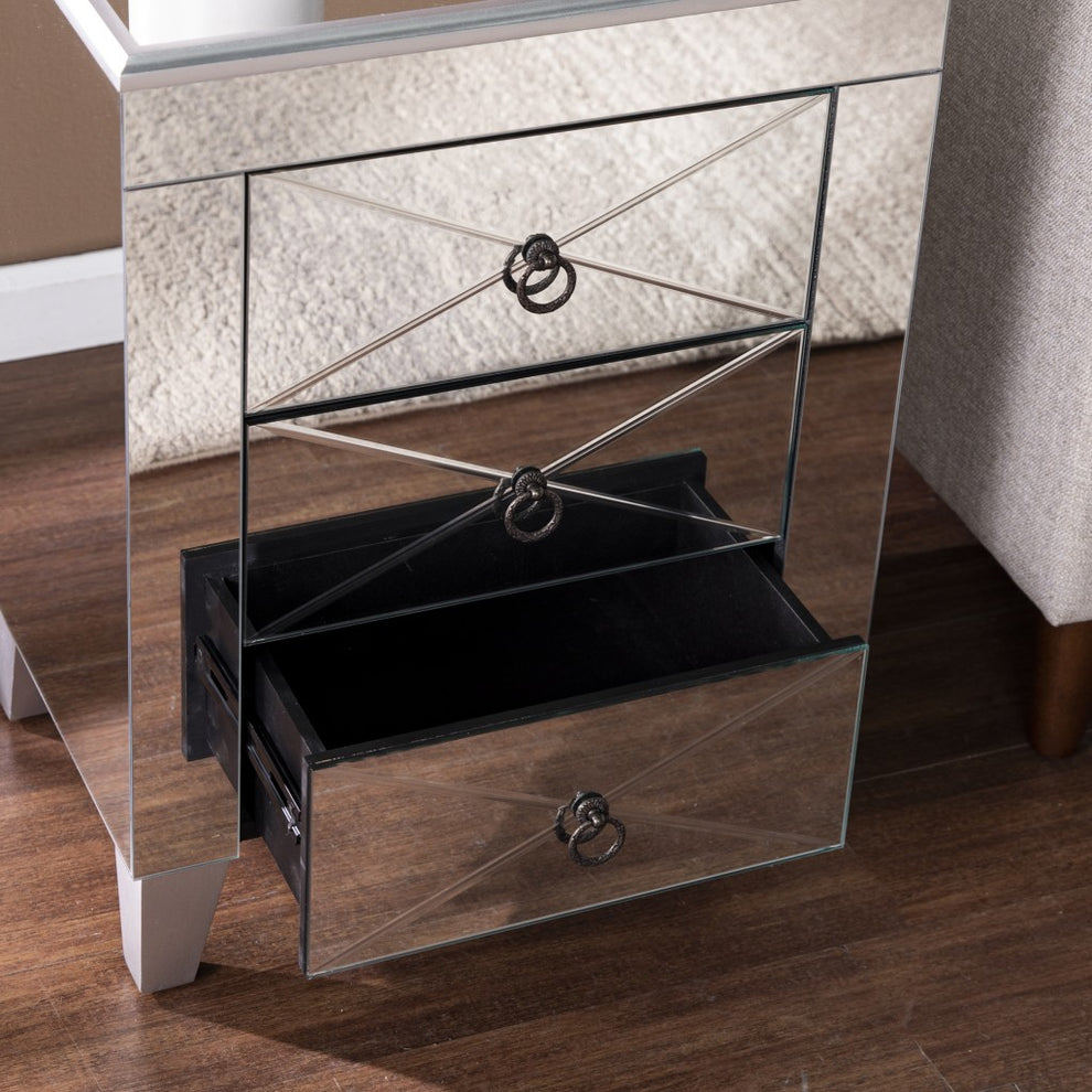 26" Silver Manufactured Wood And Iron Rectangular Mirrored End Table With Three Drawers And By Homeroots | End Tables | Modishstore - 7