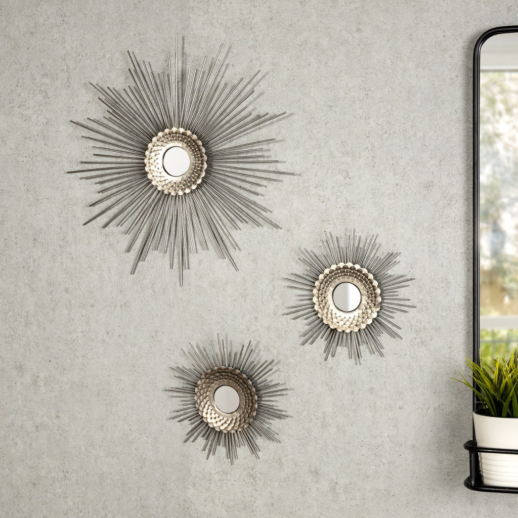 Set of Three Silver Metal Sunburst Round Wall Mirrors By Homeroots | Wall Decor | Modishstore - 5