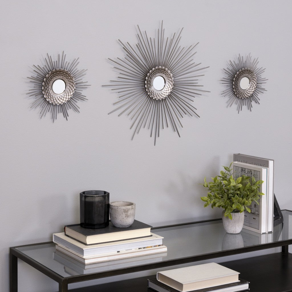 Set of Three Silver Metal Sunburst Round Wall Mirrors By Homeroots | Wall Decor | Modishstore - 7