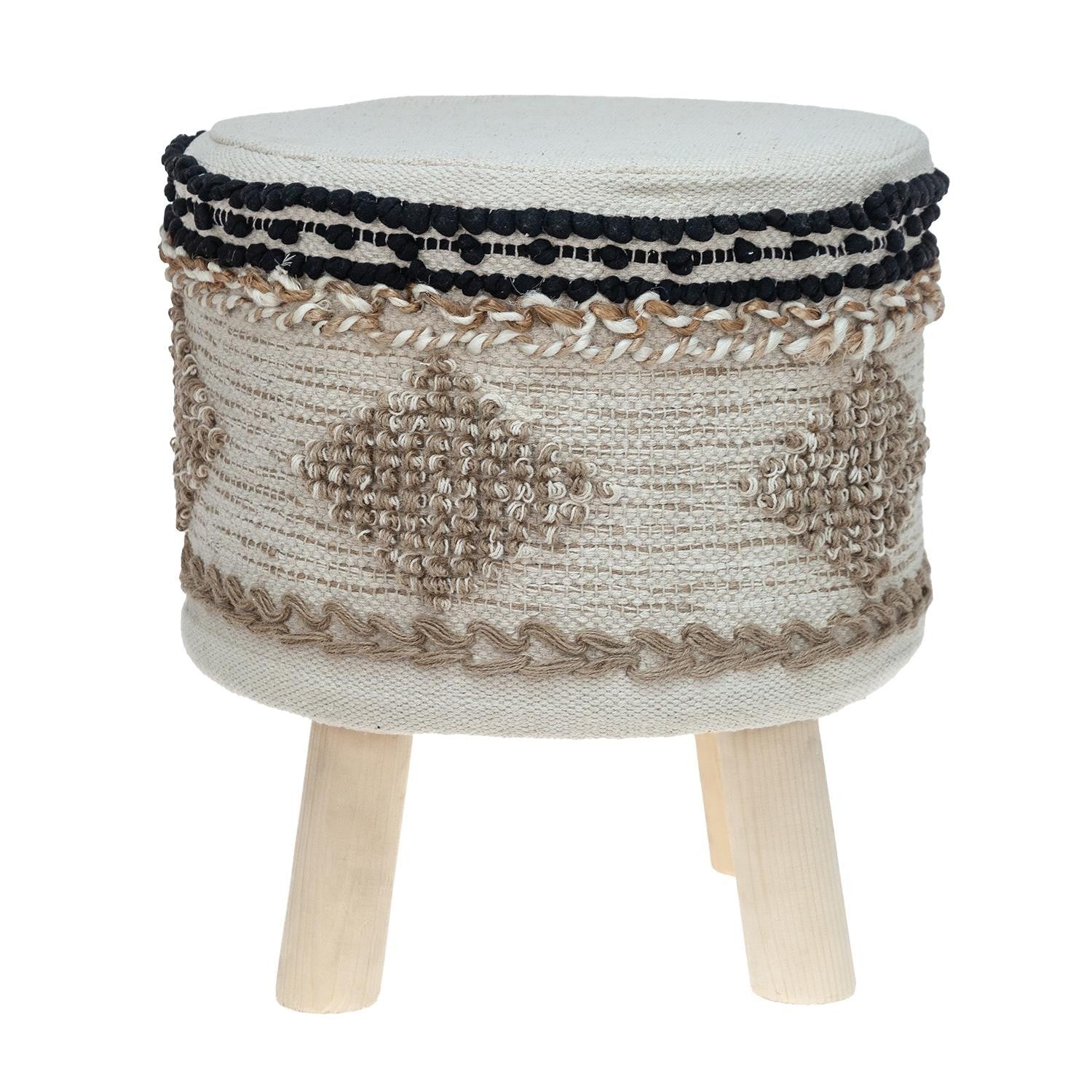Boho Beige and Black Cotton Jute Stool By Homeroots | Stools | Modishstore