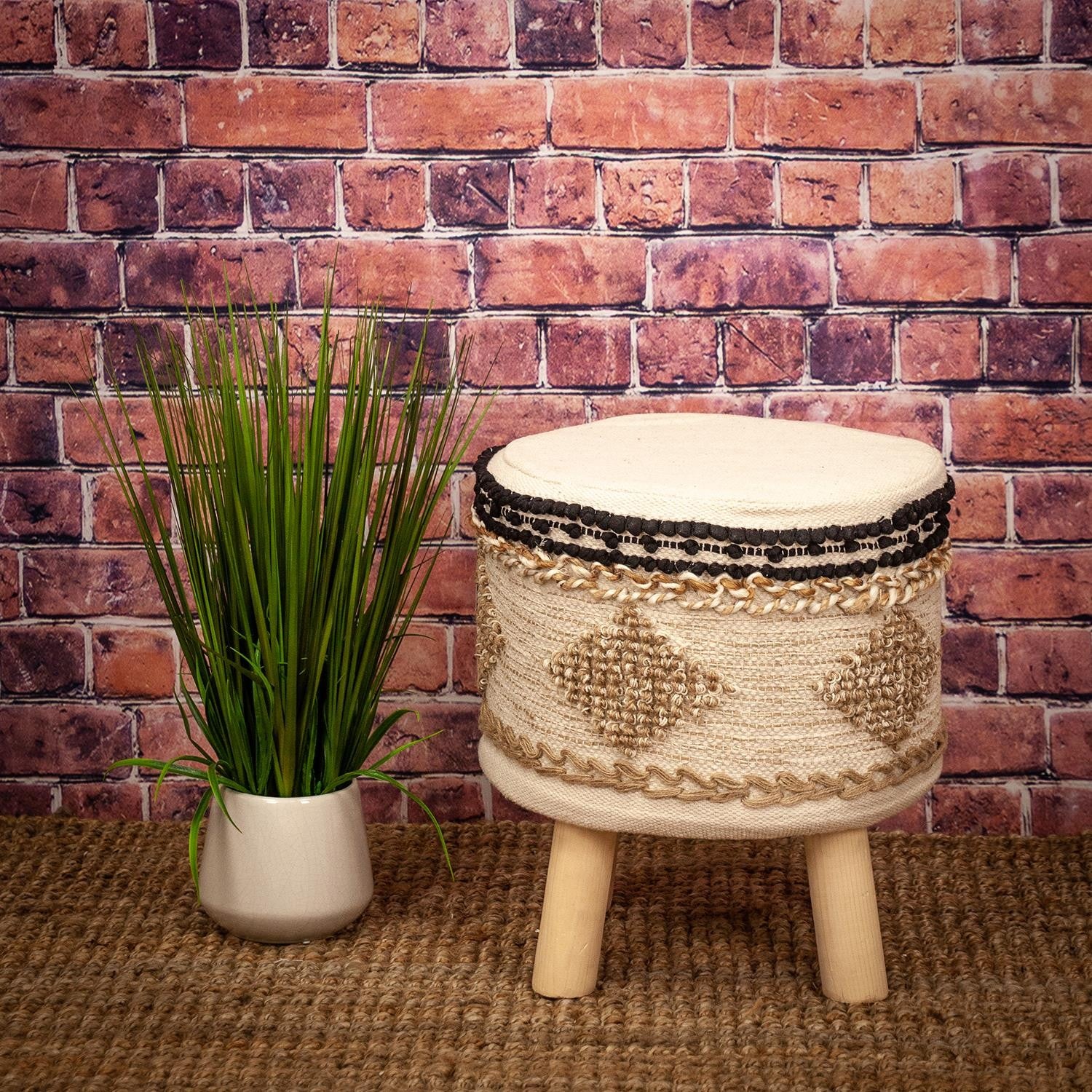Boho Beige and Black Cotton Jute Stool By Homeroots | Stools | Modishstore - 3