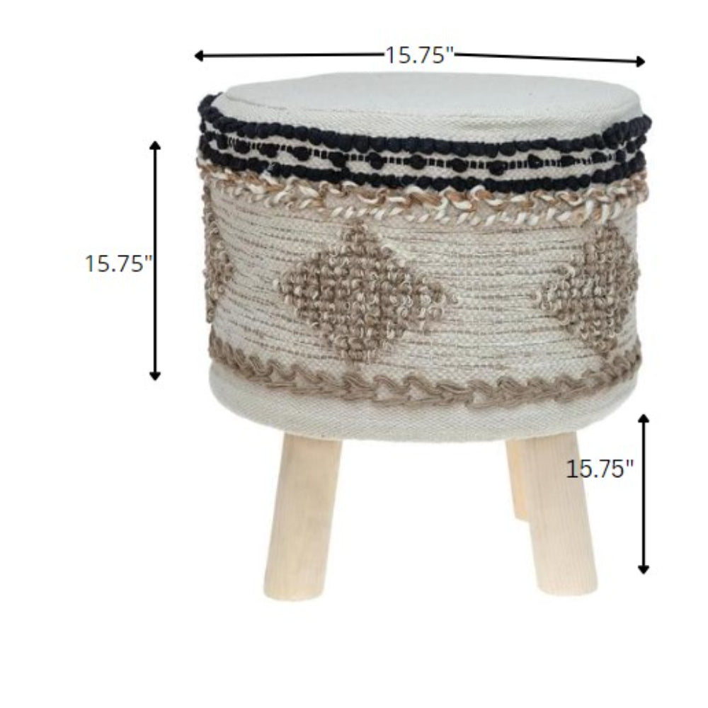 Boho Beige and Black Cotton Jute Stool By Homeroots